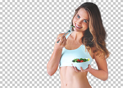 Buy stock photo Portrait, health and salad with a woman in underwear isolated on a transparent background for wellness. Smile, weight loss or nutrition with a natural young person eating a healthy food snack on PNG