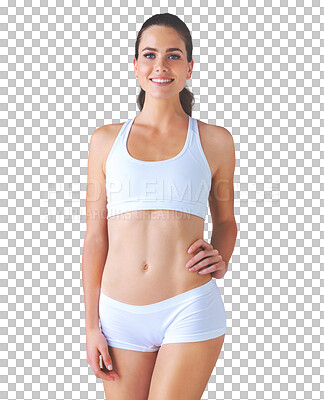 Buy stock photo Portrait, health and weightloss with a woman in underwear isolated on a transparent background for wellness. Smile, body or diet with a happy young person on PNG for fitness or natural nutrition