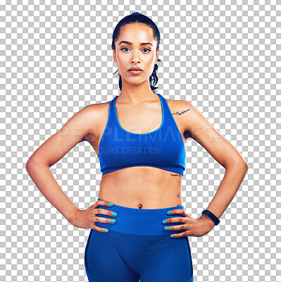 Buy stock photo Fitness, confidence and sports portrait of woman isolated on transparent png background with pride and exercise. Wellness, workout and healthy girl athlete with power, commitment and body care.