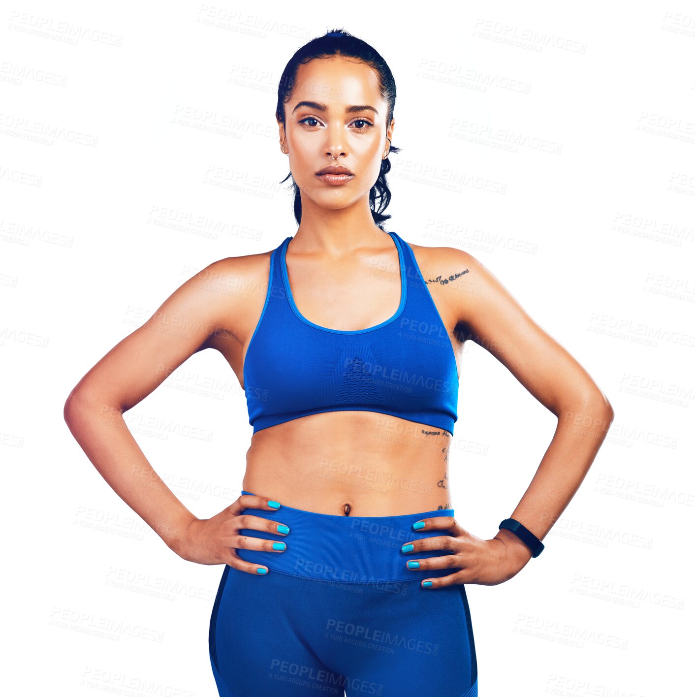 Buy stock photo Fitness, confidence and sports portrait of woman isolated on transparent png background with pride and exercise. Wellness, workout and healthy girl athlete with power, commitment and body care.