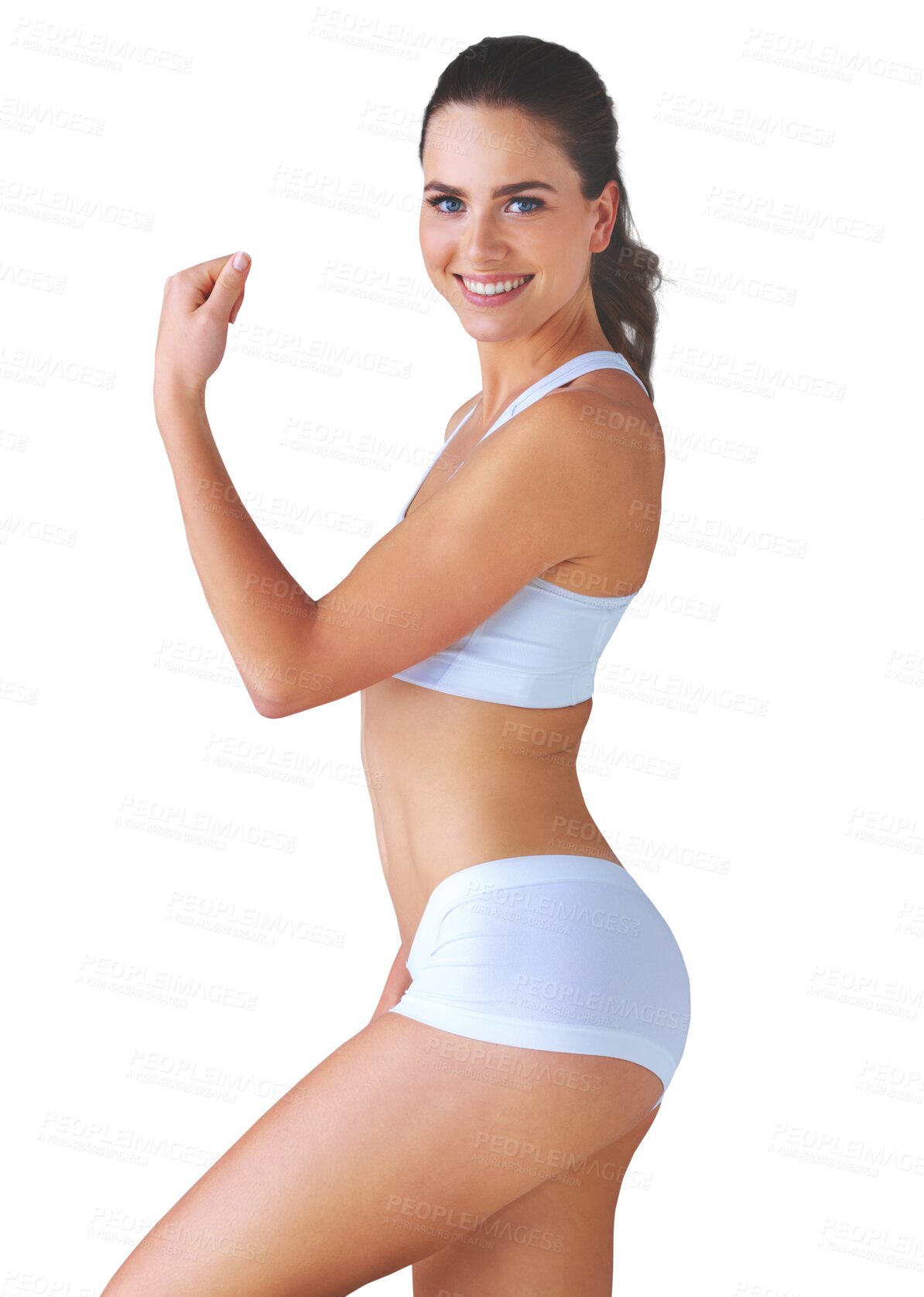 Buy stock photo Portrait, health and arm with a woman in underwear isolated on a transparent background for wellness. Smile, bicep muscle or strong with a happy young person flexing on PNG for natural body fitness