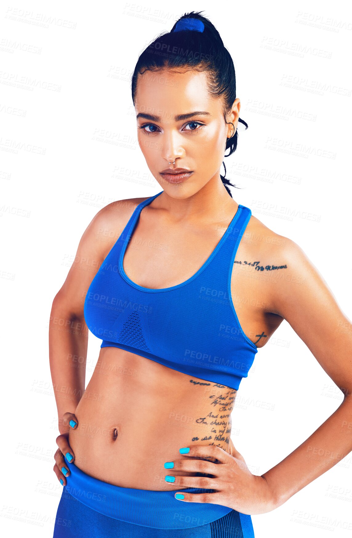 Buy stock photo Fitness, confidence and serious, portrait of woman isolated on transparent png background with pride and exercise. Wellness, workout and healthy girl athlete with sports, commitment and body care.