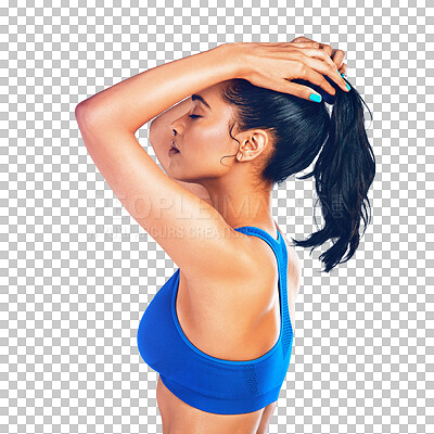 Buy stock photo Woman, sportswear and bra for healthy body or runner wellness, isolated on transparent png background. Female person, athlete and training clothes or performance yoga, muscle strong or fitness outfit