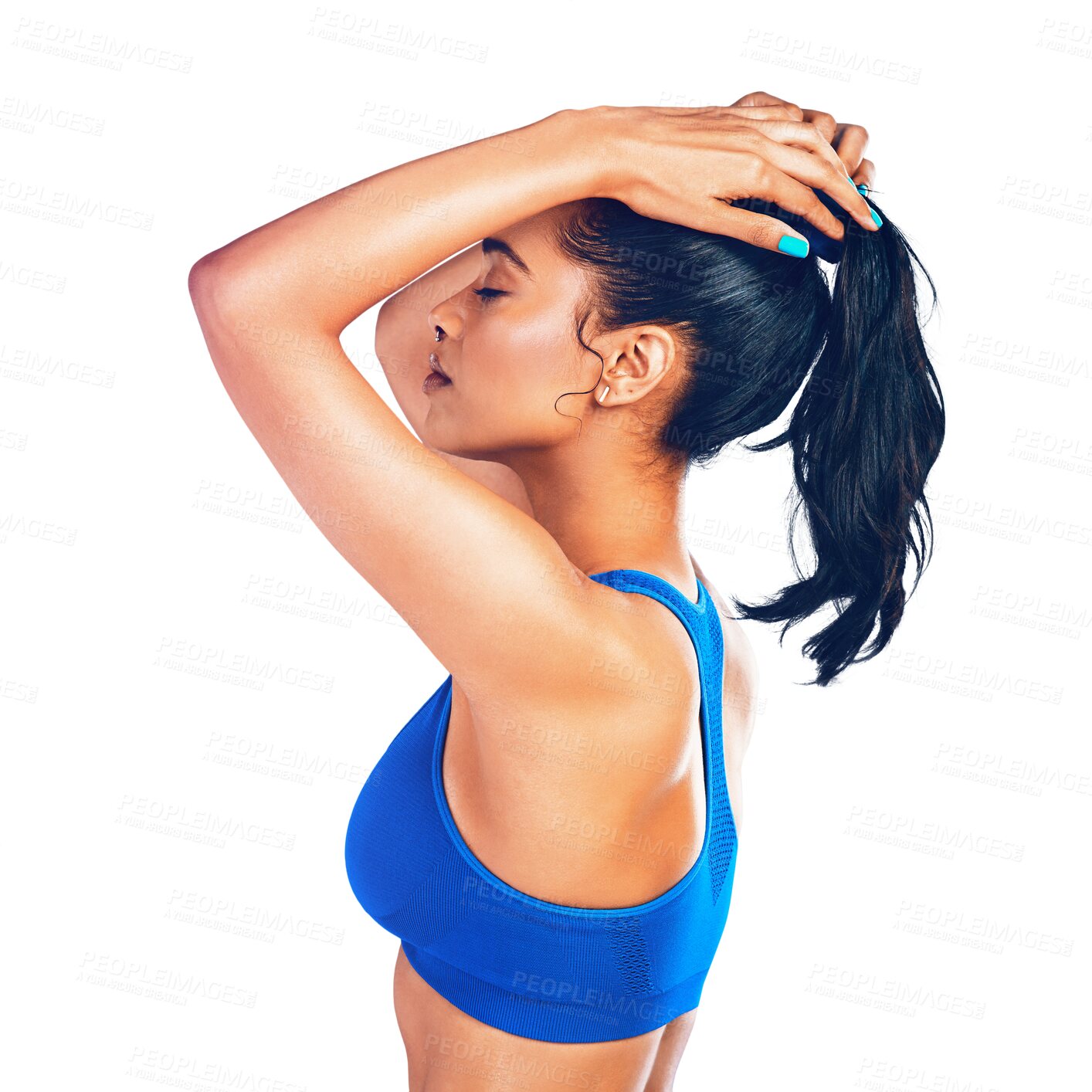 Buy stock photo Woman, sportswear and bra for healthy body or runner wellness, isolated on transparent png background. Female person, athlete and training clothes or performance yoga, muscle strong or fitness outfit