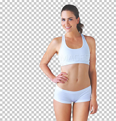 Buy stock photo Portrait, health and body with a confident woman in underwear isolated on a transparent background for wellness. Smile, weight loss or natural with a happy young person on PNG for diet or nutrition