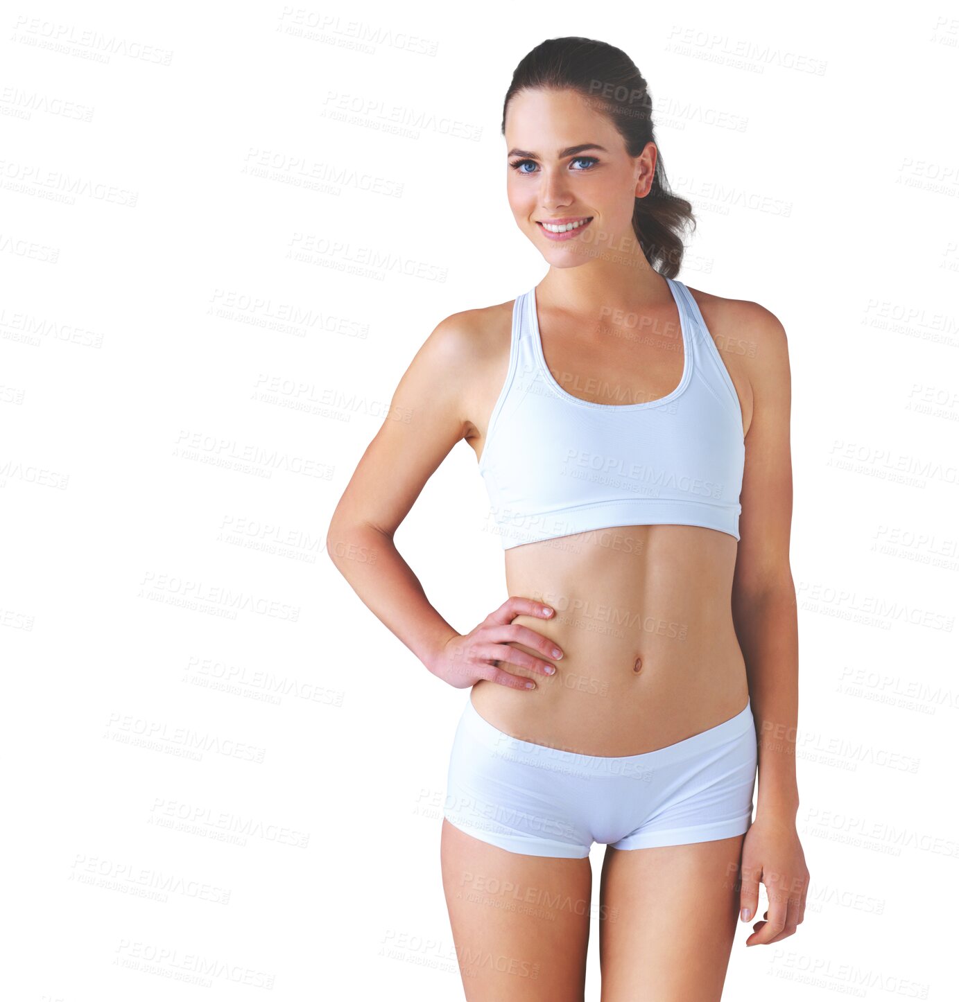 Buy stock photo Portrait, health and body with a confident woman in underwear isolated on a transparent background for wellness. Smile, weight loss or natural with a happy young person on PNG for diet or nutrition