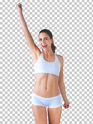 Buy stock photo Portrait, winner and success with a woman in underwear isolated on a transparent background for wellness. Smile, health or wow with a happy young person on PNG for fitness or natural nutrition