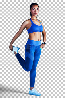 Buy stock photo Fitness, portrait and stretching, woman isolated on transparent png background with health, legs and gym. Wellness, workout and body care, healthy girl athlete in warm up with power and commitment.