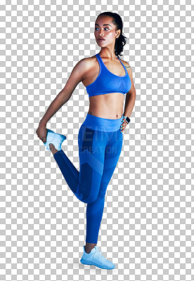 Buy stock photo Woman, thinking and stretching legs for exercise, healthy performance and workout isolated on a transparent png background. Serious athlete, balance and warm up to start training, sports and fitness 