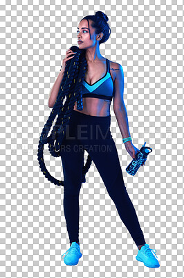 Buy stock photo Woman, rope and fitness in sports fashion for workout or exercise isolated on a transparent PNG background. Active female person, athlete or model with water bottle and battle ropes for gym training