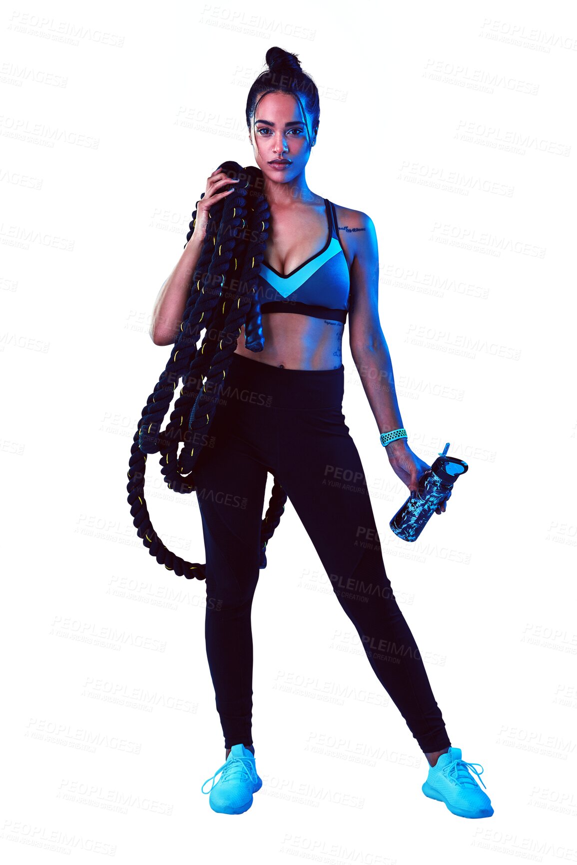 Buy stock photo Woman, portrait and rope for fitness, workout or exercise isolated on a transparent PNG background. Serious or active female person, athlete or model with water bottle and battle ropes for training