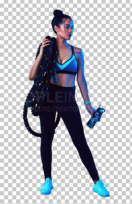 Buy stock photo Woman, rope and fitness fashion for workout or exercise isolated on a transparent PNG background. Serious or active female person, athlete or model with water bottle and battle ropes for training