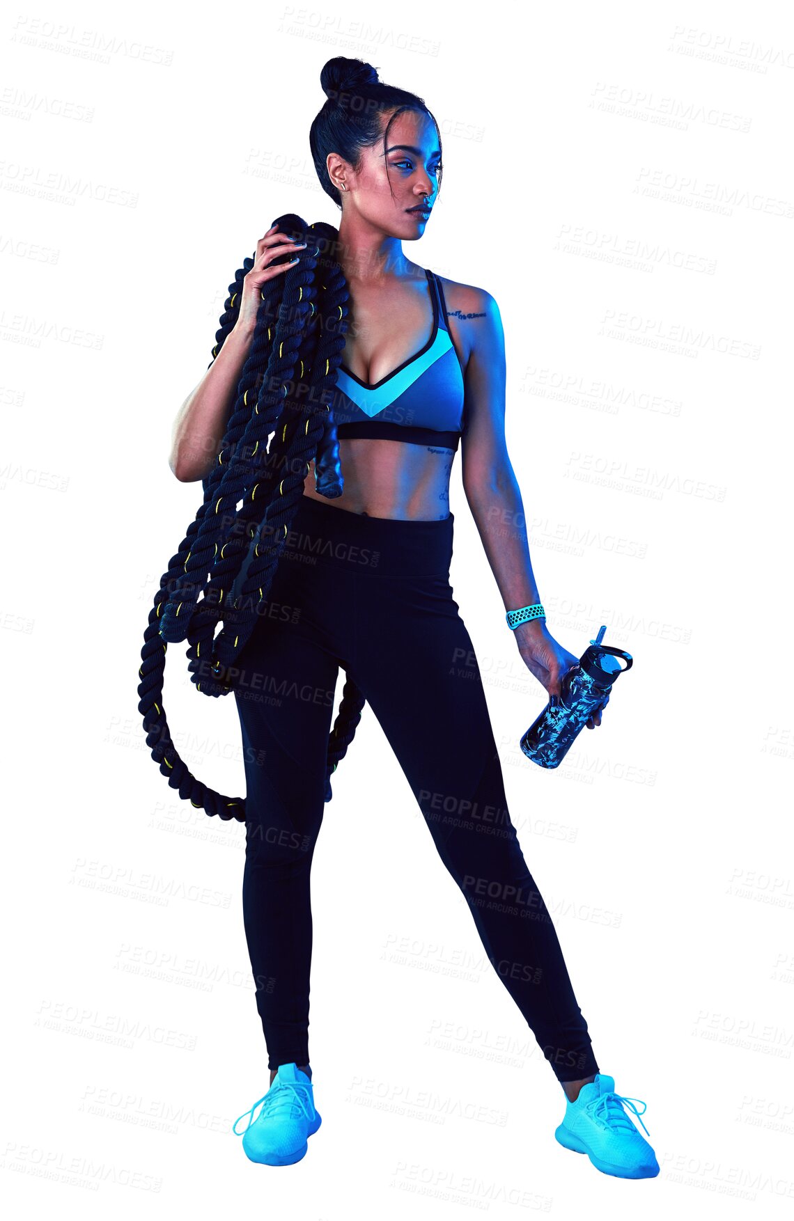 Buy stock photo Woman, rope and fitness fashion for workout or exercise isolated on a transparent PNG background. Serious or active female person, athlete or model with water bottle and battle ropes for training