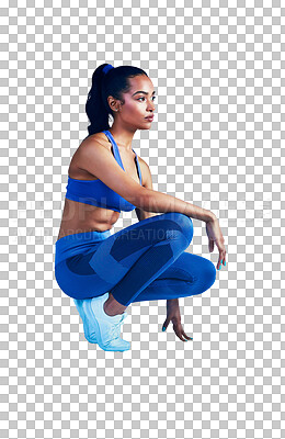 Buy stock photo Woman, sports and thinking with fashion for fitness, workout or exercise isolated on a transparent PNG background. Female person, athlete or model in sportswear for vision, training and wellness