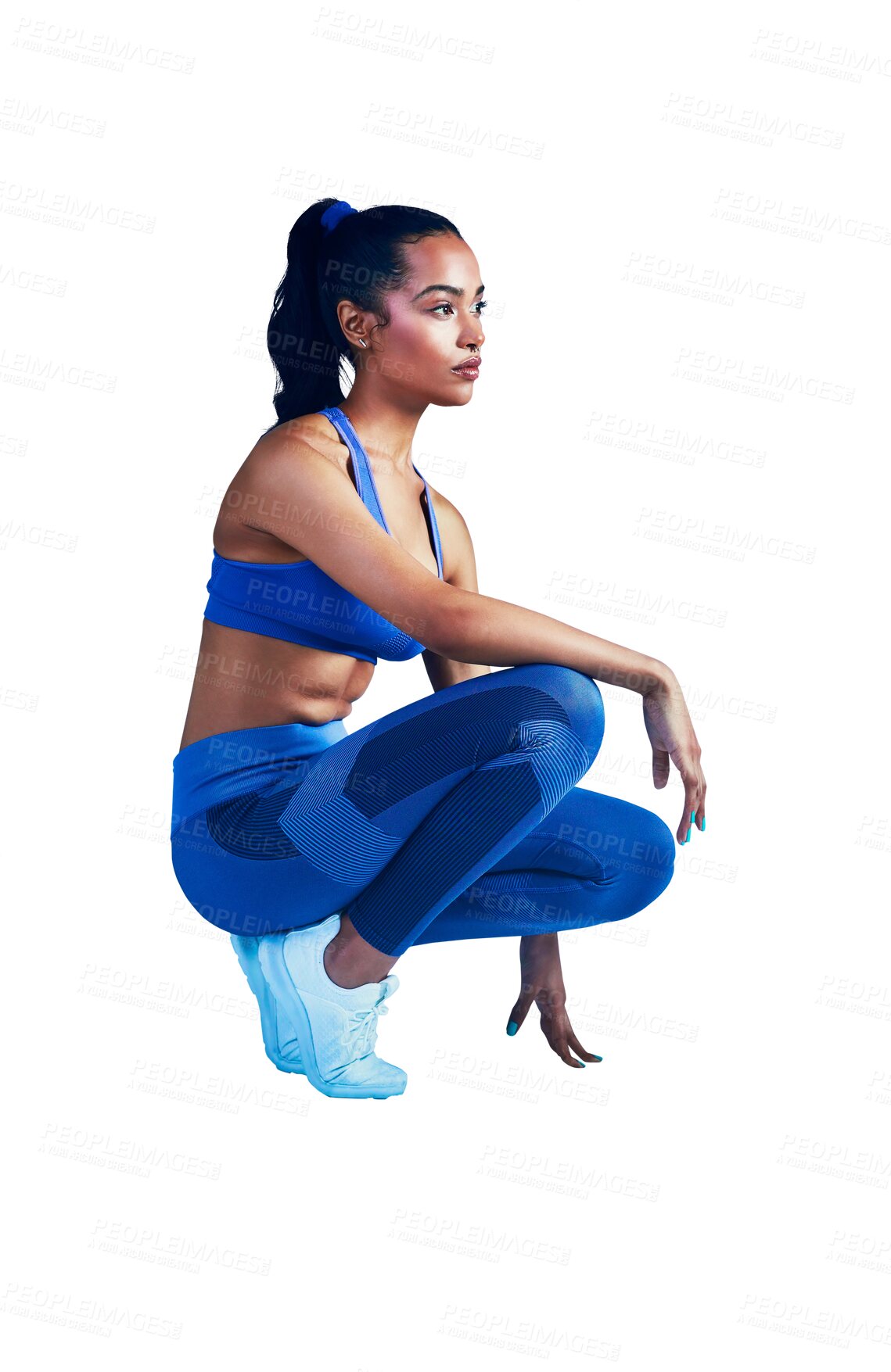 Buy stock photo Woman, sports and thinking with fashion for fitness, workout or exercise isolated on a transparent PNG background. Female person, athlete or model in sportswear for vision, training and wellness