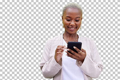 Buy stock photo Black woman, happy or phone for communication isolated on png background on internet website. Smile, transparent or African female person networking on a mobile app to chat on social media for news