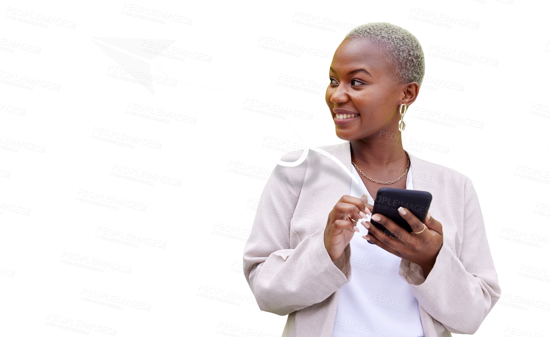 Buy stock photo Isolated woman, phone and arrow symbol for communication, email or texting by transparent png background. African business person, smartphone and thinking with smile, graphic icon and connection