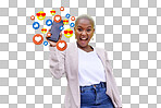 Portrait, excited black woman and phone emojis, social media ico