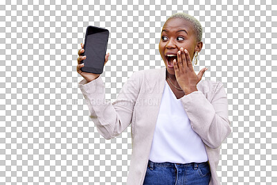 Buy stock photo Black woman, wow or surprise phone notification for communication isolated on png background. Omg, transparent or shocked African person on mobile app to chat on social media for fake news or gossip