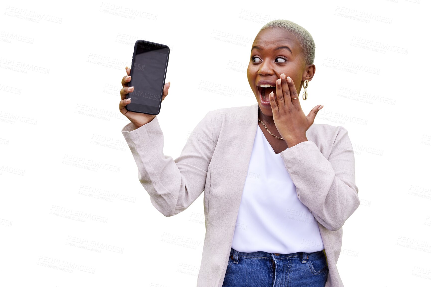 Buy stock photo Black woman, wow or surprise phone notification for communication isolated on png background. Omg, transparent or shocked African person on mobile app to chat on social media for fake news or gossip