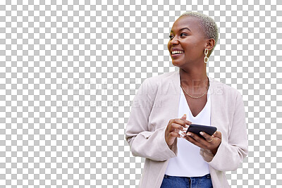 Buy stock photo Isolated business woman, phone and thinking with smile, networking and texting by transparent png background. African entrepreneur, smartphone and happy with vision, ideas and contact on social media