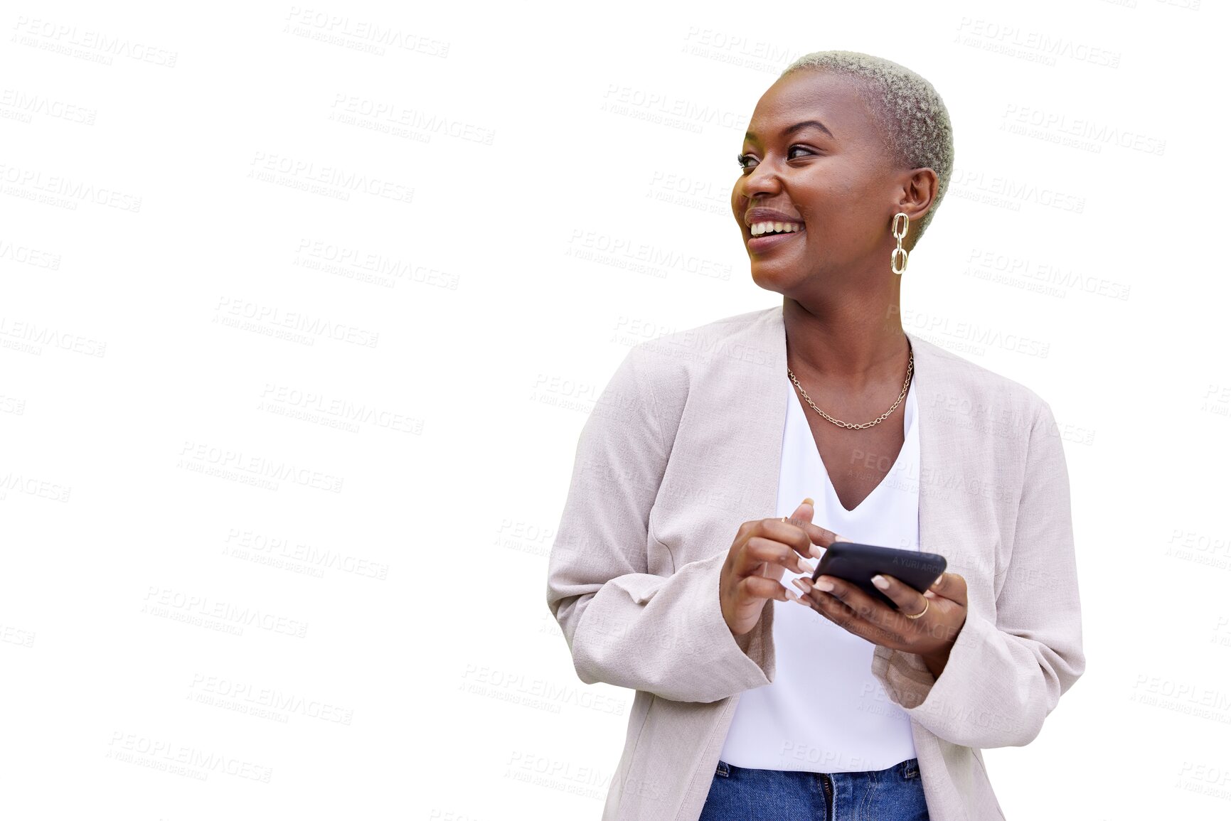 Buy stock photo Isolated business woman, phone and thinking with smile, networking and texting by transparent png background. African entrepreneur, smartphone and happy with vision, ideas and contact on social media