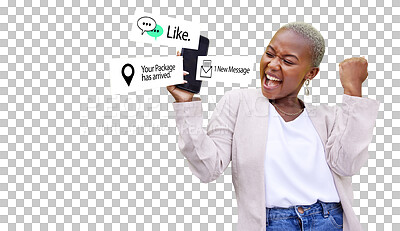 Buy stock photo Black woman, excited or phone notification for communication isolated on png background. Smile, transparent or happy African person winning success on a mobile app on social media or email message