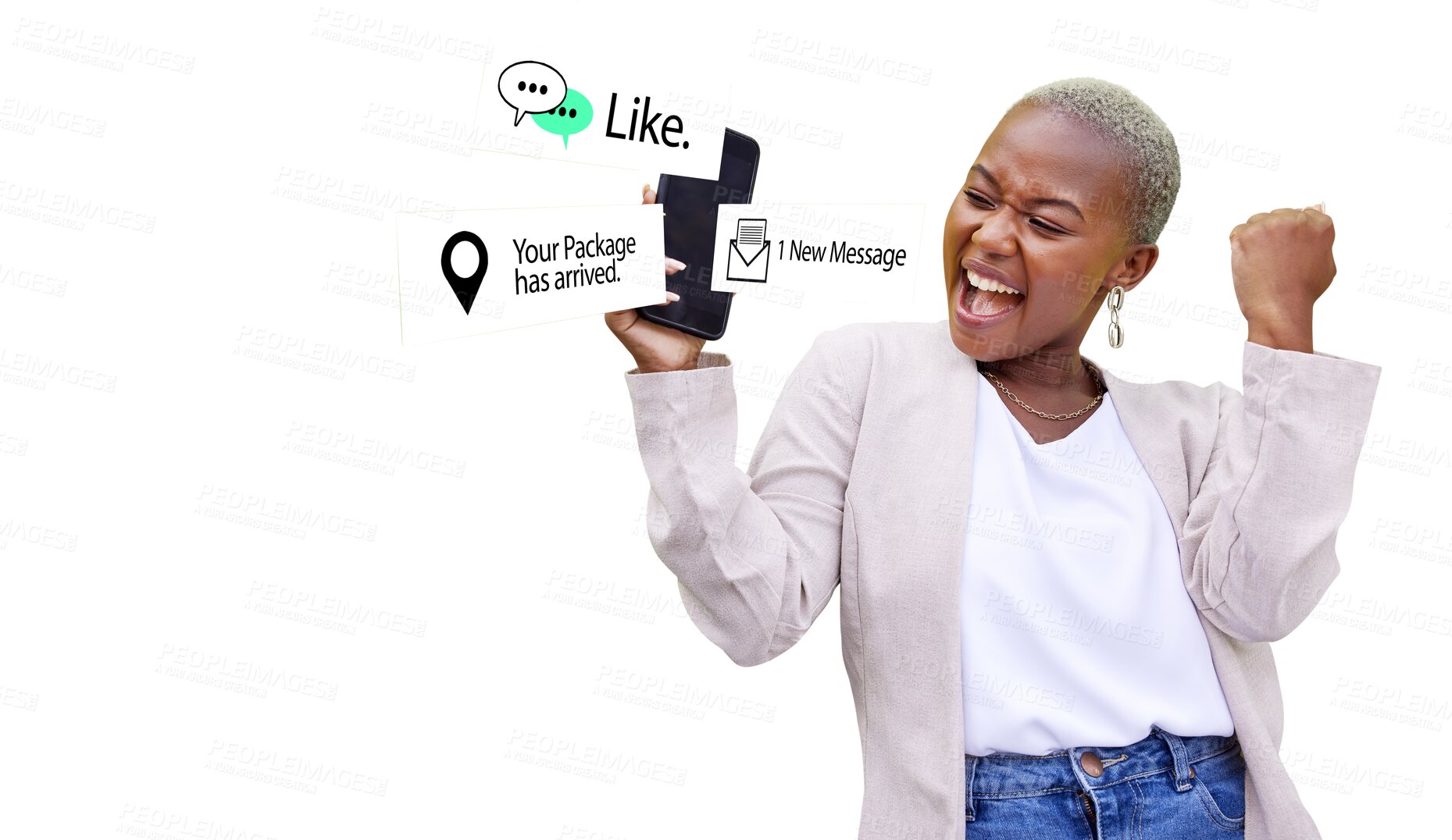 Buy stock photo Black woman, excited or phone notification for communication isolated on png background. Smile, transparent or happy African person winning success on a mobile app on social media or email message