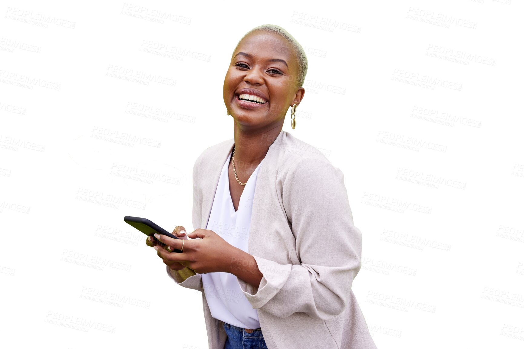 Buy stock photo Isolated business woman, phone and speech bubble overlay in portrait for networking by transparent png background. African entrepreneur, smartphone and happy for hologram, contact or social media app