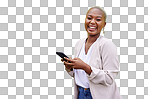 Black woman, smile and phone for portrait by a wall or green bac