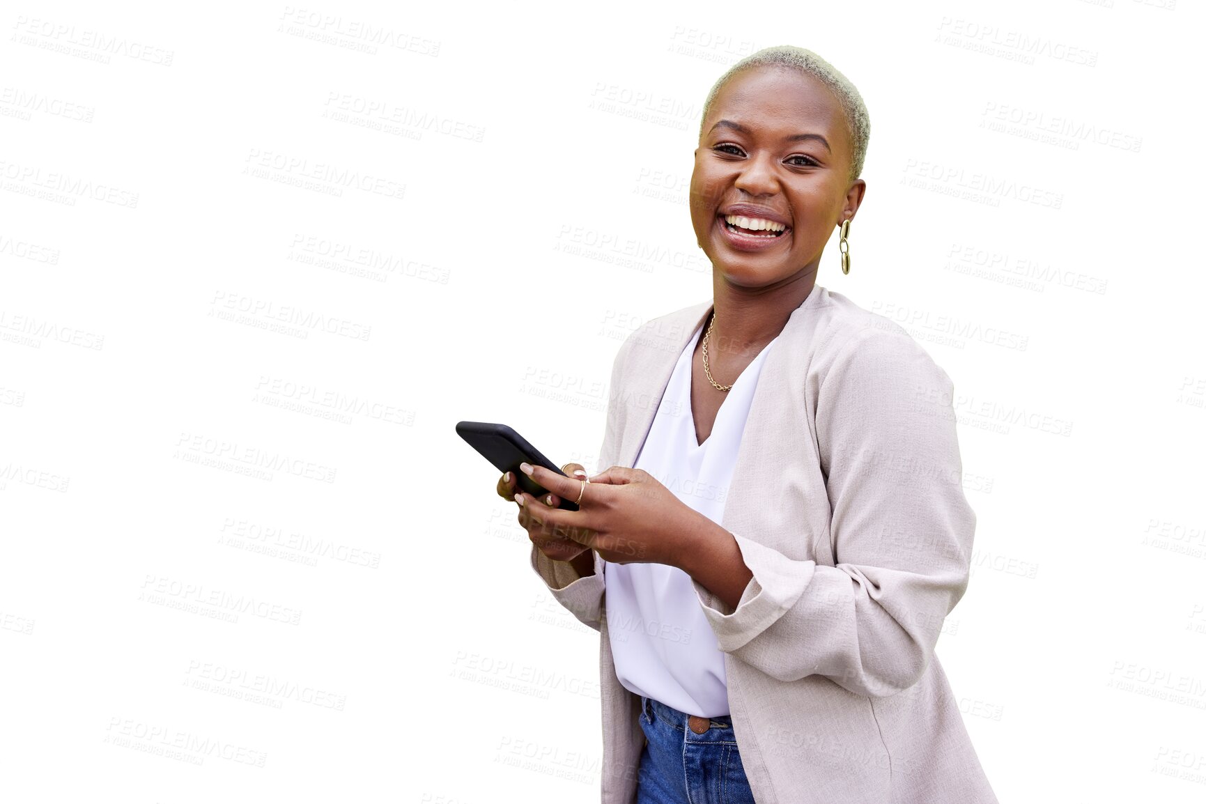 Buy stock photo Isolated business woman, phone or smile in portrait for networking or texting by transparent png background. African entrepreneur, smartphone or happy for email, connection or contact on social media