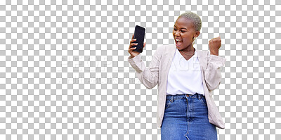 Woman, celebrate and phone screen with mockup by a wall or green