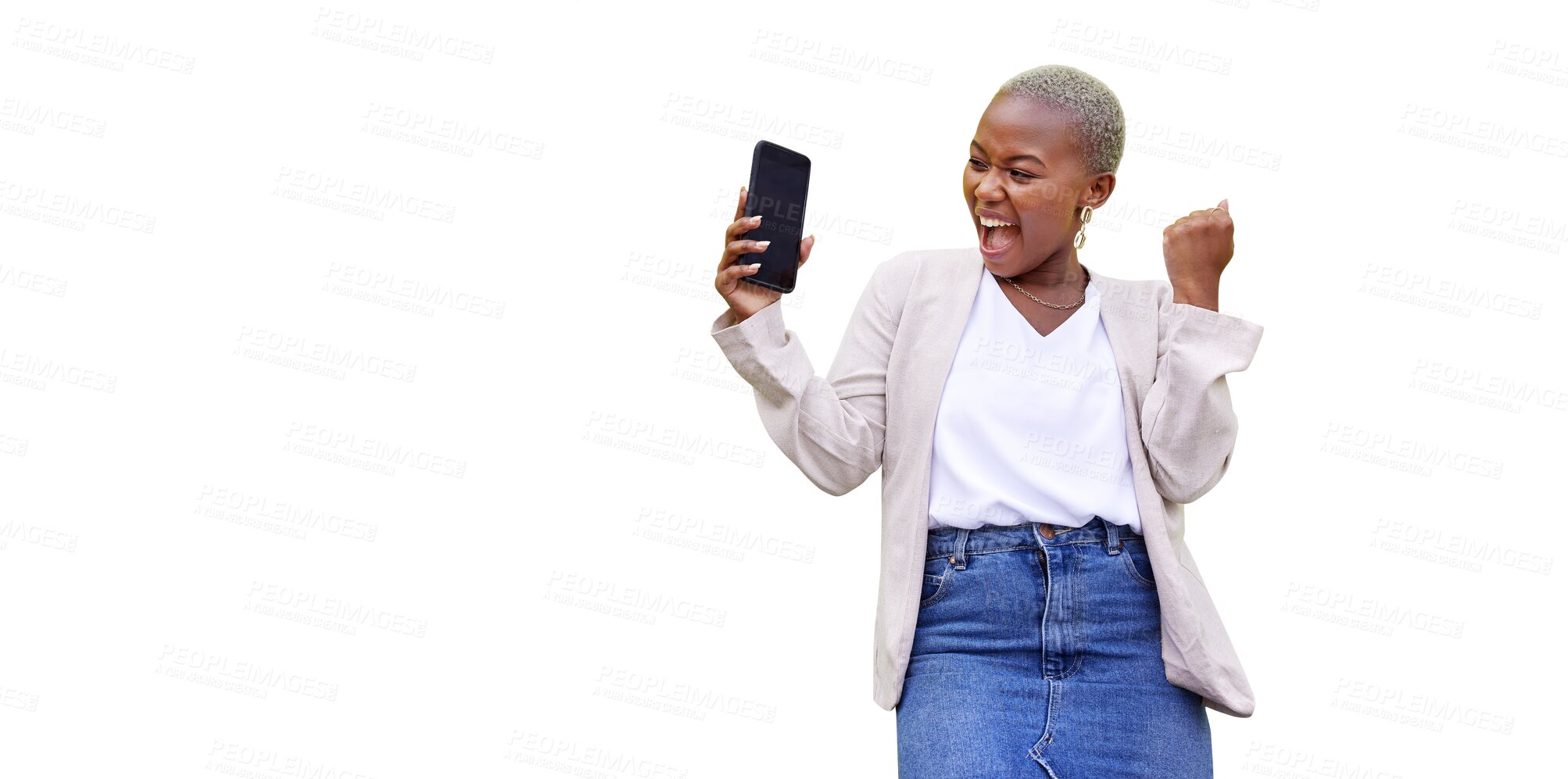 Buy stock photo Excited black woman, celebrate or phone notification for communication isolated on png background. Smile, transparent or happy African person winning success on mobile app on social media or message