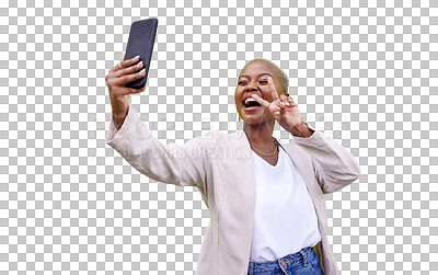 Buy stock photo Black woman, selfie or peace sign by a social media influencer isolated on transparent png background. Smile, photograph or excited African person with a profile picture, happy memory or post or vlog