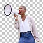 Black woman, megaphone and loudspeaker on mockup space in advert