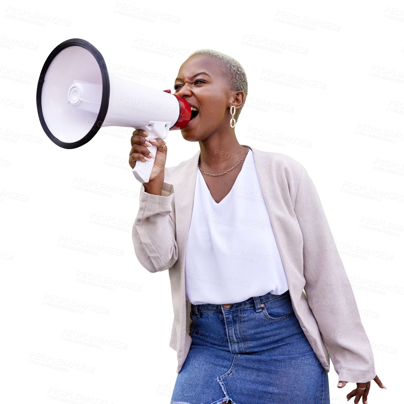 Buy stock photo Black woman, megaphone and voice with opinion isolated on transparent png background in protest. Noise, communication and announcement, girl with loudspeaker for propaganda, information or screaming.