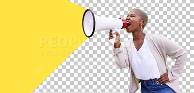 Buy stock photo Black woman, megaphone and voice with noise isolated on transparent png background in protest. Opinion, communication and announcement, girl with loudspeaker for propaganda, information or screaming.