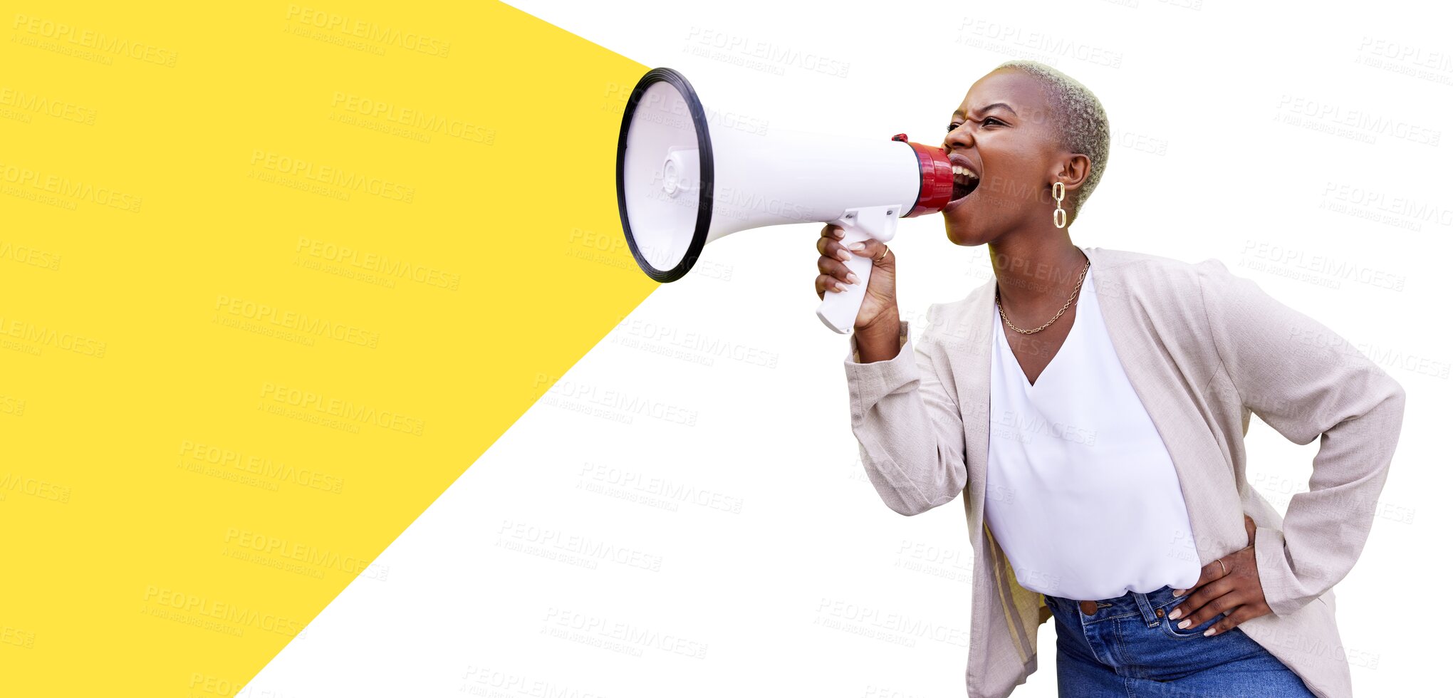 Buy stock photo Black woman, megaphone and voice with noise isolated on transparent png background in protest. Opinion, communication and announcement, girl with loudspeaker for propaganda, information or screaming.