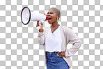 Black woman, megaphone and screaming on mockup space in advertis