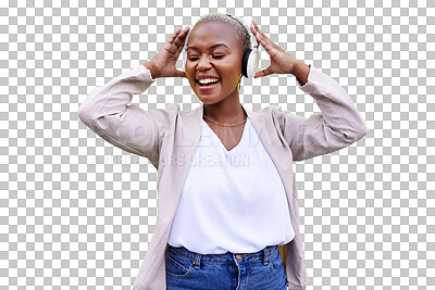 Buy stock photo Music, dance and radio with a happy black woman isolated on a transparent background. Headphones, sing and freedom with an excited person streaming or listening to audio sound on PNG for energy