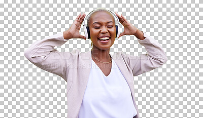 Buy stock photo Music, dance and headphones with a happy black woman isolated on a transparent background. Radio, sing and freedom with an excited person streaming or listening to audio sound on PNG for energy