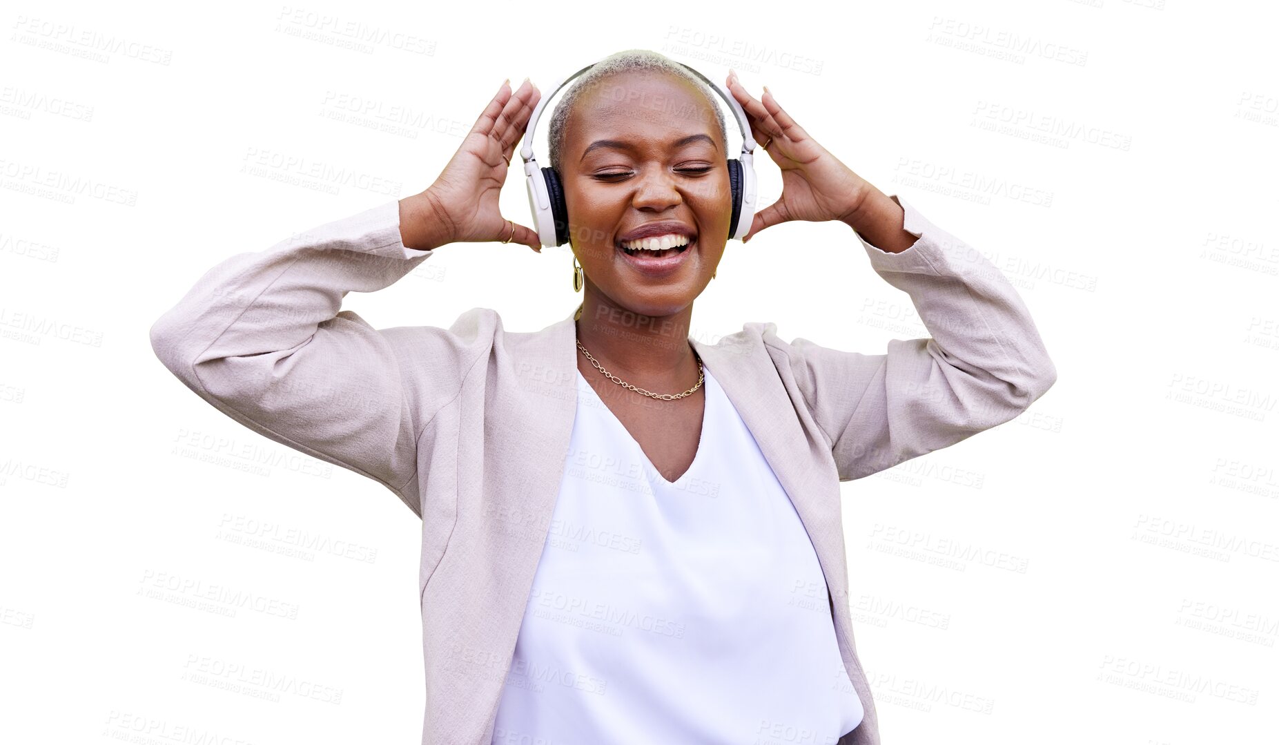 Buy stock photo Music, dance and headphones with a happy black woman isolated on a transparent background. Radio, sing and freedom with an excited person streaming or listening to audio sound on PNG for energy