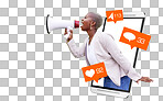 Megaphone communication, black woman or phone icons, social medi