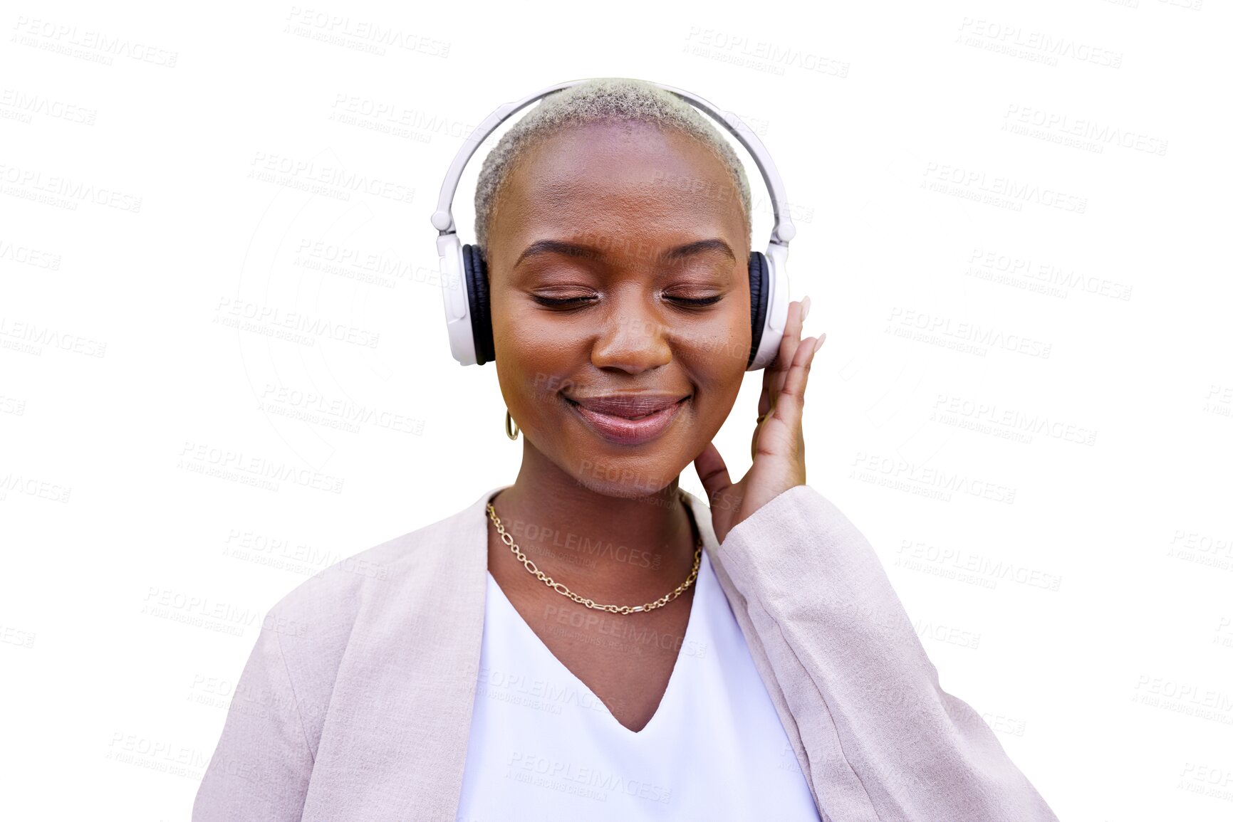 Buy stock photo Music, headphones or calm black woman listening on transparent png background overlay. Radio, smile or African person with technology for streaming podcast, hearing audio or sound icon for freedom