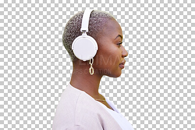 Buy stock photo Music, headphones or profile of black woman listening to radio on transparent png background. Serious, relax or African person with technology for streaming podcast, hearing audio or sound of jazz