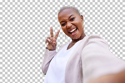 Buy stock photo Black woman, portrait or peace sign for selfie on social media post isolated on transparent png background. Cool smile, photograph or excited African person with a happy memory or vlog on internet