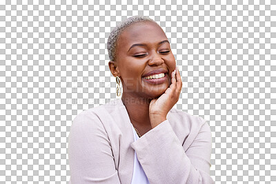 Buy stock photo Business, woman and happy or calm with beauty and trendy, classy or elegant jewelry isolated on a png transparent background. Fashion, smile and peaceful African female with happiness and confidence