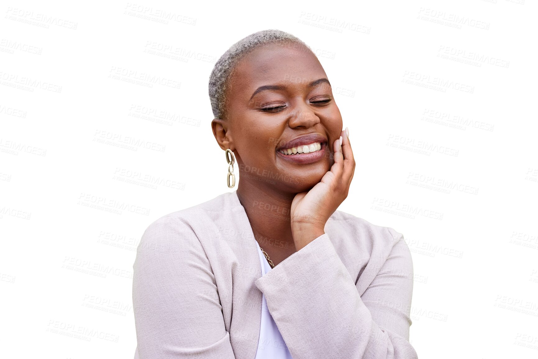 Buy stock photo Business, woman and happy or calm with beauty and trendy, classy or elegant jewelry isolated on a png transparent background. Fashion, smile and peaceful African female with happiness and confidence