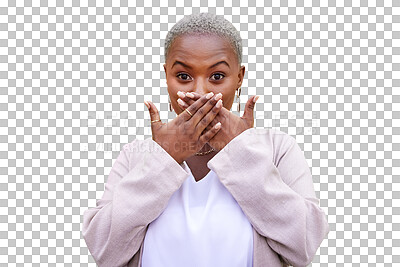 Buy stock photo Surprise, hands and woman in portrait, good news and wow for deal or isolated on transparent png background. Happy black person, shock and omg for announcement, success and joy for win or celebration