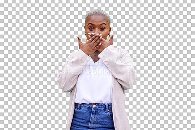 Buy stock photo Shock, hands and woman in portrait, news and wow for deal or isolated on transparent png background. Black female person, surprise and omg for announcement, secret and wtf or what for drama or gossip